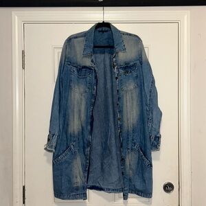 Jean dress with pockets and buttons! Nice to pair with a bodysuit or tights!